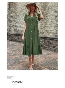 Detail of olive green tiered summer shirt dress with lapel V-neck and button front design