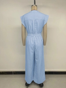 Back view of sleeveless v-neck jumpsuit with blue vertical stripes and elastic waist