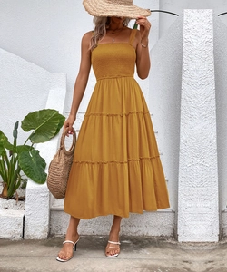 Detail of smocked bodice and tiered hem on this ginger yellow summer midi dress