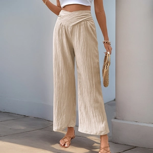 Women High Waist Wide Leg Pants Solid Color V-Shape Cross Waist Ankle Length Crinkled Texture Casual Commuter Trousers