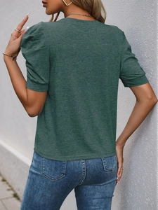 Detail view of heather dark green puff sleeve T-shirt with soft knit texture