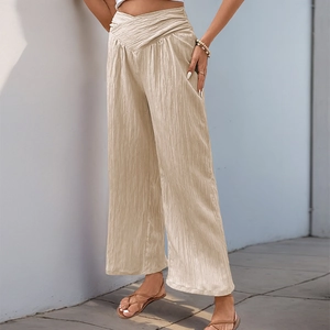 Women's high waist wide leg pants in beige with unique cross V-waist and pleated texture