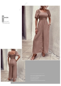 Detail of floral wide-leg jumpsuit with smocked bodice and square neck in vintage brown