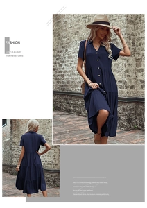 Detail view of navy blue tiered shirt dress with button-up design and V-neckline