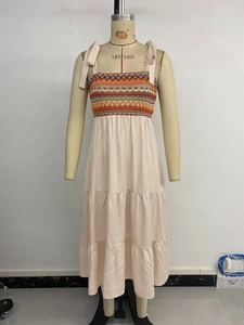 Detail of bohemian summer dress showing ethnic jacquard pattern and pink ribbon straps