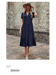 Detail of navy V-neck tiered midi shirt dress with button closure and short sleeves