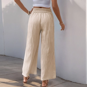 Women high waist wide leg cotton linen trousers in beige color, casual summer style