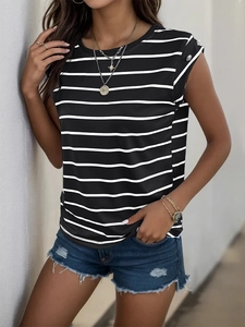 Classic sleeveless black and white striped T-shirt with decorative shoulder buttons
