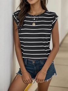 Women's classic black and white striped t-shirt with cap sleeves and shoulder buttons