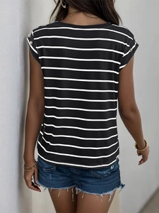 Women's summer striped t-shirt with crew neck and gold button details on the shoulder