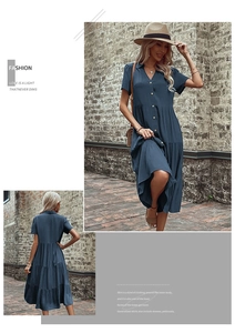 Detail view of navy blue tiered summer shirt dress with short sleeves and buttons