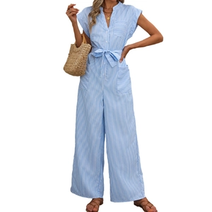 Women's blue and white striped sleeveless wide-leg jumpsuit with waist tie and V-neck