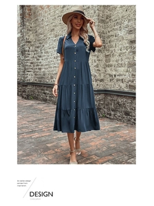 Detail of navy short-sleeve shirt dress with tiered hem and button-down design