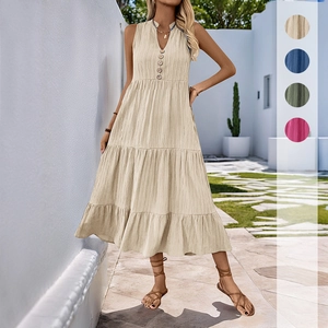 Damen Casual Ärmellos V-Ausschnitt Gestuftes Midi-Kleid Einfarbig Viskose Boho-Urlaub A-Linie Kleid Mit Knöpfen
