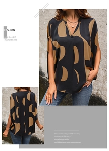 Detail of V-neck casual top with geometric pattern and loose fit silhouette