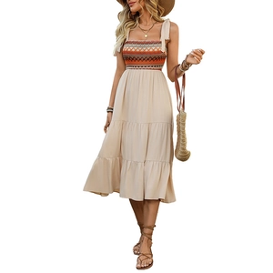 Bohemian spaghetti strap maxi dress in apricot with geometric bodice and tiered skirt
