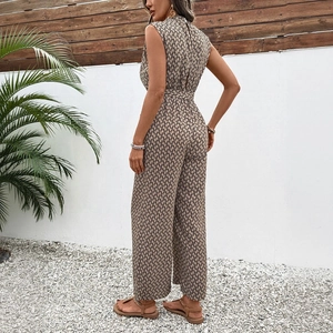 Sleeveless khaki jumpsuit with geometric prints and wide-leg cut for women in summer