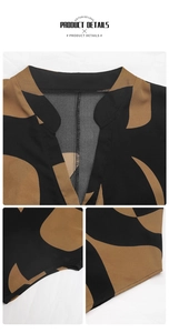 Detail of V-neckline and abstract geometric pattern on women's short-sleeved casual shirt