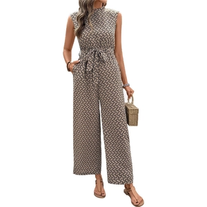 Women's sleeveless jumpsuit with geometric chain print and waist tie belt