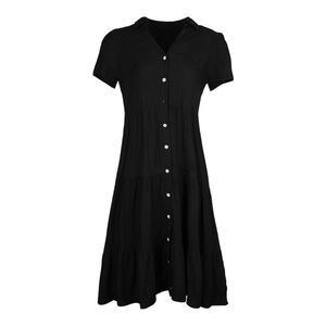 Detail view of the black short sleeve shirt dress with tiered skirt and button front closure