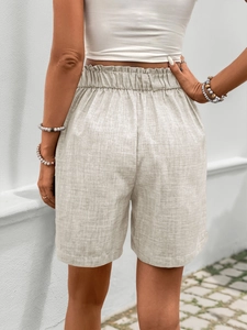 Damen Sommer-Leinen-Shorts mit hoher Taille, Knopfdekor und lockerem, geradem Schnitt