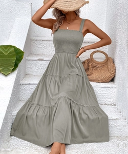 Detail of smocked sleeveless tiered maxi dress in sage green for summer beach vacation