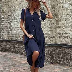 Elegant navy blue short sleeve button-down tiered midi shirt dress with V-neck collar