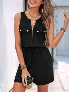 Women's black sleeveless romper with a V-neck zipper and drawstring waist design