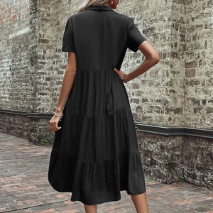 Elegant black short sleeve tiered midi shirt dress with button collar and layered hem