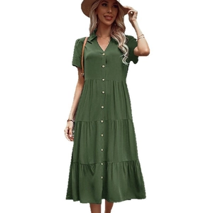 Summer short sleeve dark green button-down shirt dress with tiered pleated skirt