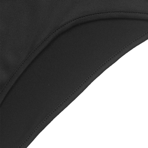 Detailed macro view of black ribbed fabric and high-quality double-needle stitching on bodysuit