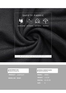 Detail of black jumpsuit fabric showing breathable texture and model sizing information