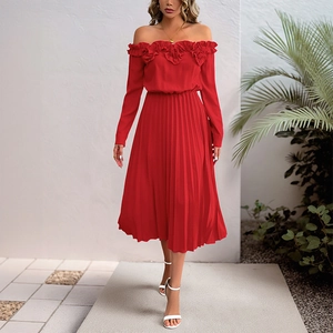 Elegant off-shoulder long sleeve red pleated midi dress with ruffle neckline and waist tie