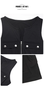 Detail view of black sleeveless romper with V-neck zipper and decorative metal button pockets
