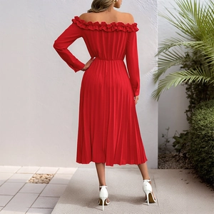 Elegant off-shoulder long sleeve red pleated dress for party and formal events