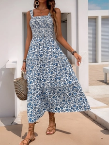 Detail of blue floral maxi dress with tiered skirt and elastic smocked bodice