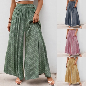 Women High Waist Wide Leg Pants Geometric Print Tie Waist Bohemian Summer Casual Beach Vacation Loose Trousers
