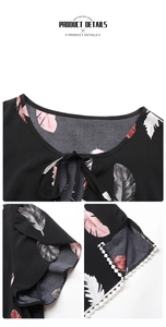 Detail of summer dress featuring pink feather print, petal sleeves and pom pom trim