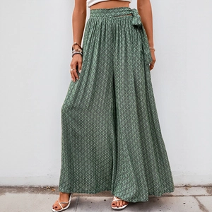 Women's summer geometric print wide leg pants with waist tie for holiday wear