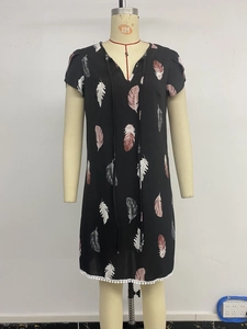 Detail of V-neck chiffon dress featuring feather print and white pom-pom lace trim