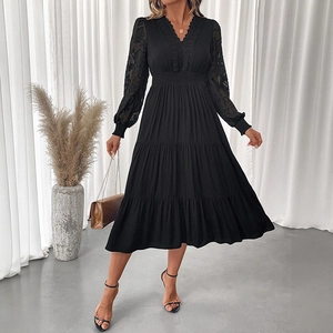 Women Elegant V-Neck Lace Patchwork Long Sleeve Dress Sweet Solid Color High Waist Tiered A-Line Midi Dress