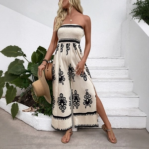 Combinaison Femme Bohème Sans Bretelles Jambes Larges Imprimé Ethnique Taille Haute Fente Latérale Smocks Été Vacances