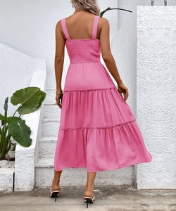 Back view detail of a rose pink sleeveless summer tiered dress with square neckline