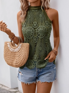 Detail of army green lace halter top with circular floral hollow pattern and high neckline