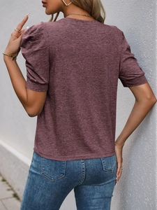 Detailed back view of burgundy puff sleeves t-shirt in premium marled knit fabric