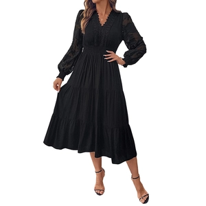 Elegant black V-neck lace dress with long sleeves and pleated tiered cake skirt design