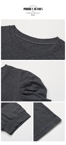 Macro shot of dark grey knit t-shirt neckline, puff sleeves, and hem stitching details