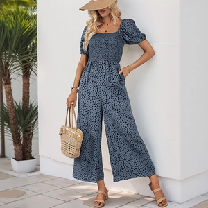 Detail of blue leopard print jumpsuit featuring square neck and puff sleeve design