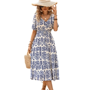 Summer V-neck A-line dress with blue ethnic print, puff sleeves and drawstring waist