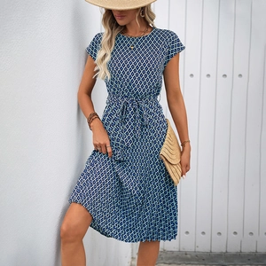 Women Casual Blue Geometric Print Midi Dress Round Neck Flutter Sleeve Tie Waist A-Line Summer Vacation Polyester Dress